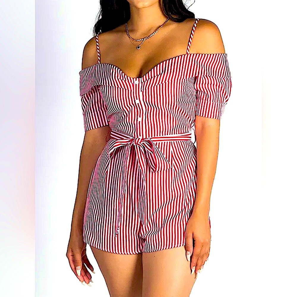 Candy Red Striped Zip-Up Off Shoulder/Cami Romper